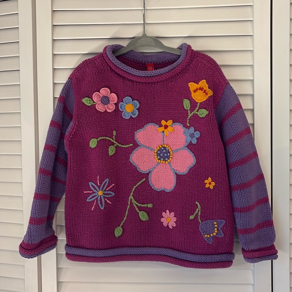Hanna Anderson girls knitted sweater with embroidered flowers, size 4T